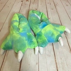 3D Dinosaur/Bear Claw Green Tie Dye Plush Kids Slippers